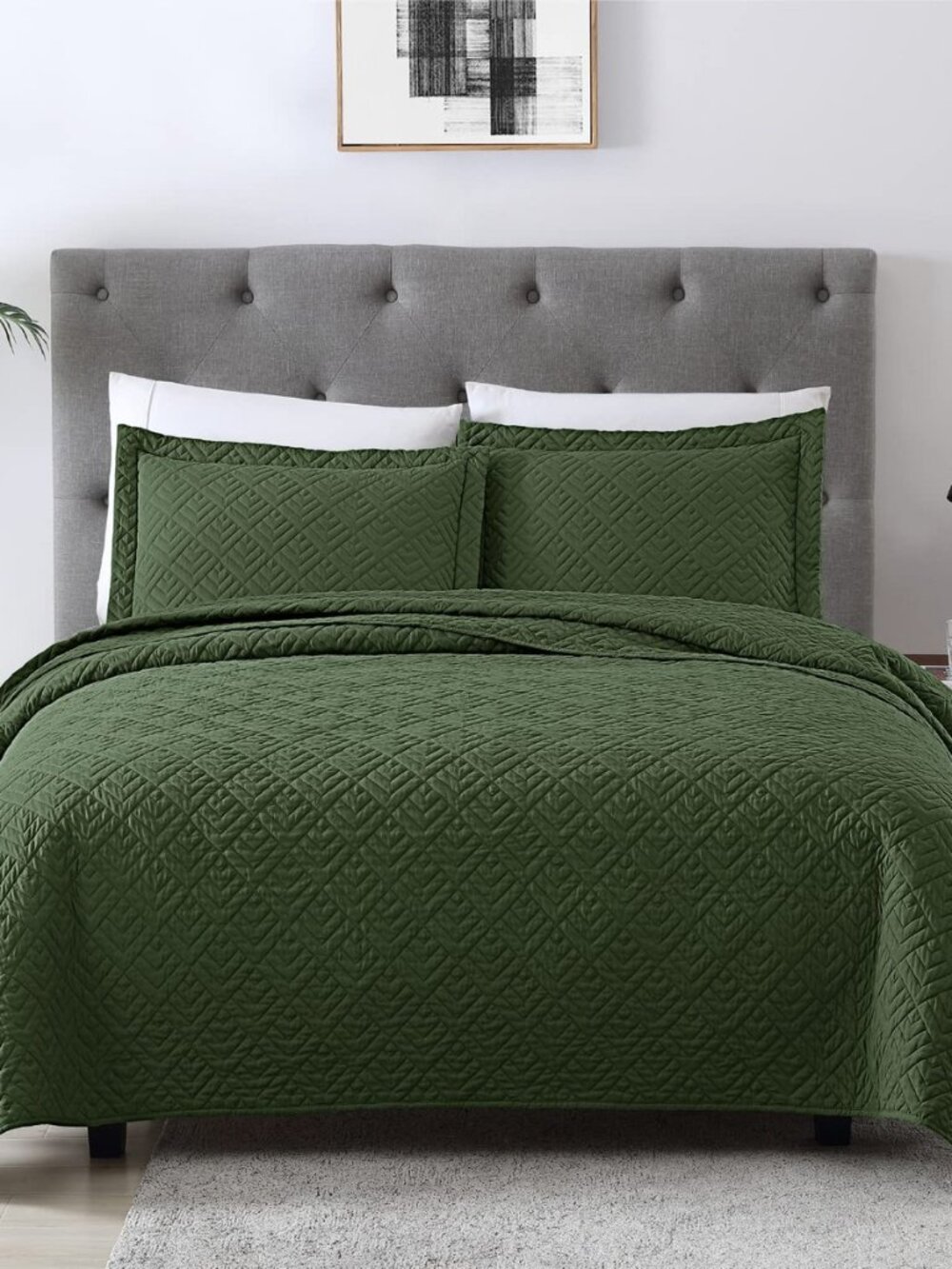 Quilt Set Queen Size Summer Squares Pattern Olive Green Bedspread